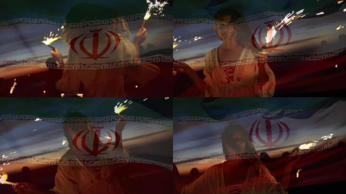 在海滩上玩耍的一群朋友挥舞伊朗国旗的动画