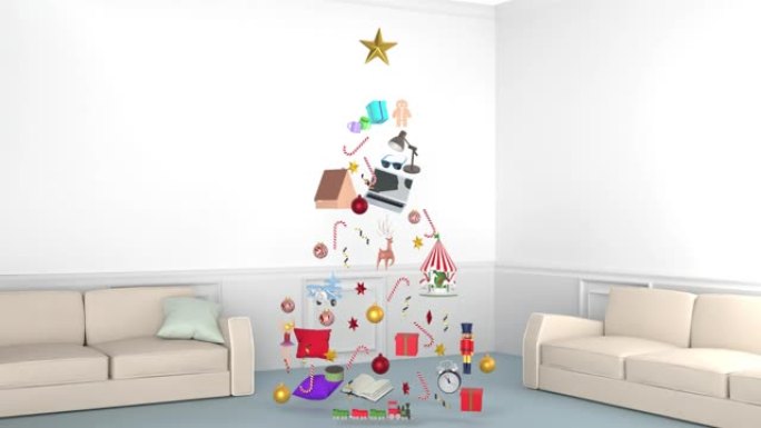 带有圣诞树的新年贺卡，由4k分辨率的客厅中的圣诞物品礼品盒和装饰品制成