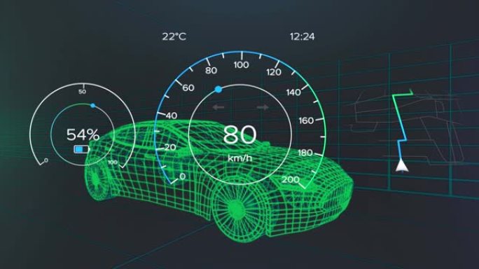 车辆接口上的速度计，gps和充电状态数据的动画，通过3d汽车模型