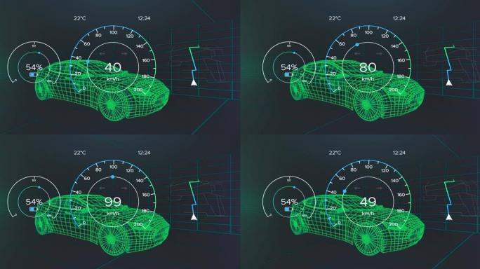 车辆接口上的速度计，gps和充电状态数据的动画，通过3d汽车模型