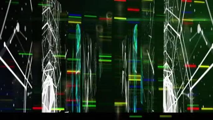 闪烁的多色矩形在连接网络上浮动的动画