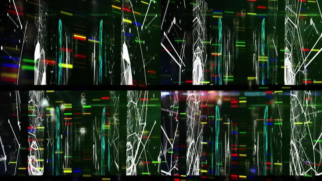 闪烁的多色矩形在连接网络上浮动的动画
