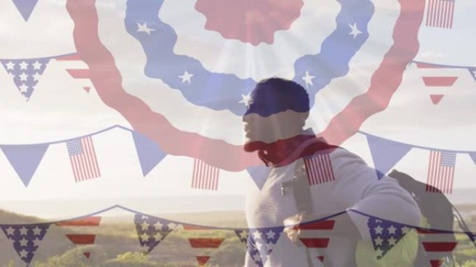 美国国旗在非洲裔美国人爬山的动画