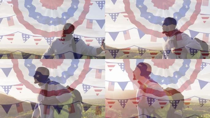 美国国旗在非洲裔美国人爬山的动画