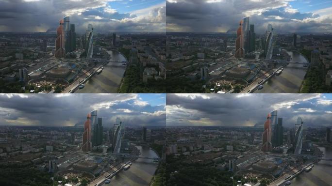 俄罗斯夏日太阳云现代莫斯科市城市全景4k