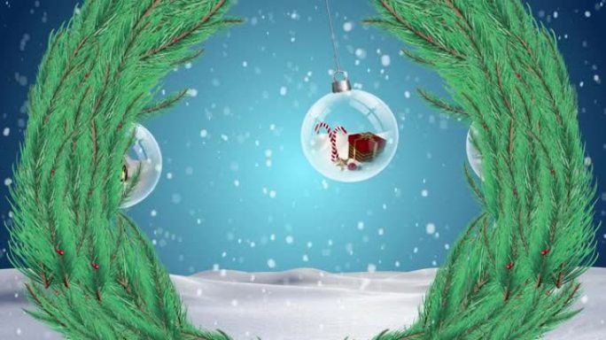冷杉花环在冬季景观上的积雪和小玩意上的动画