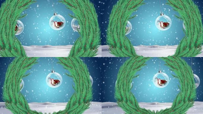 冷杉花环在冬季景观上的积雪和小玩意上的动画