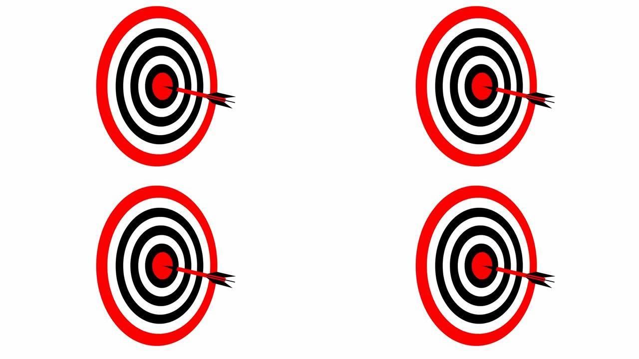 用飞镖动画黑色和红色目标。市场营销的概念，结果，目标，胜利，意图，目的。插图孤立在白色背景上。
