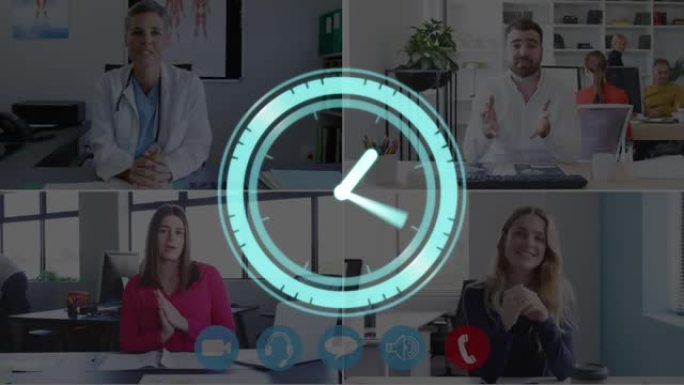 时钟在视频通话中快速移动医生和女商人的动画