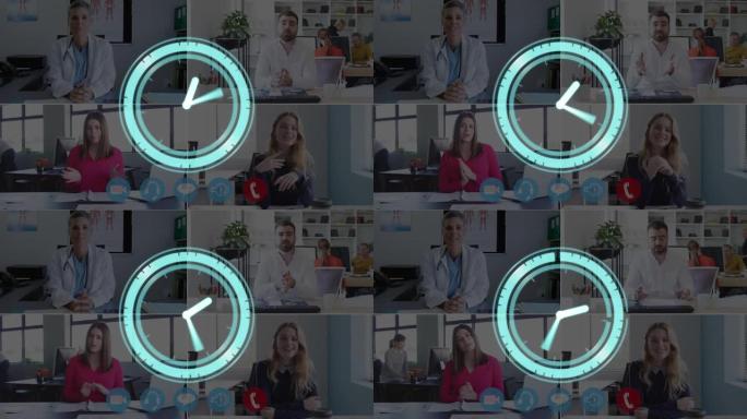 时钟在视频通话中快速移动医生和女商人的动画