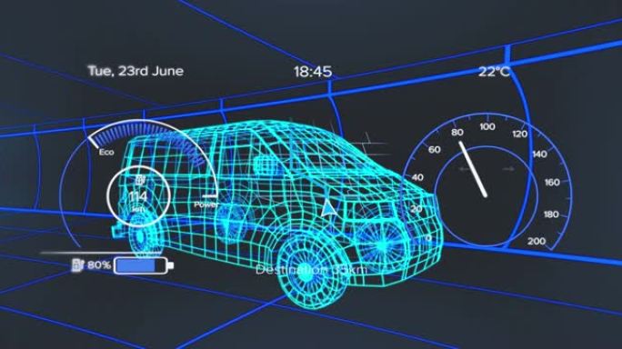 3d货车模型上的车辆接口上的速度计，gps和充电状态数据的动画