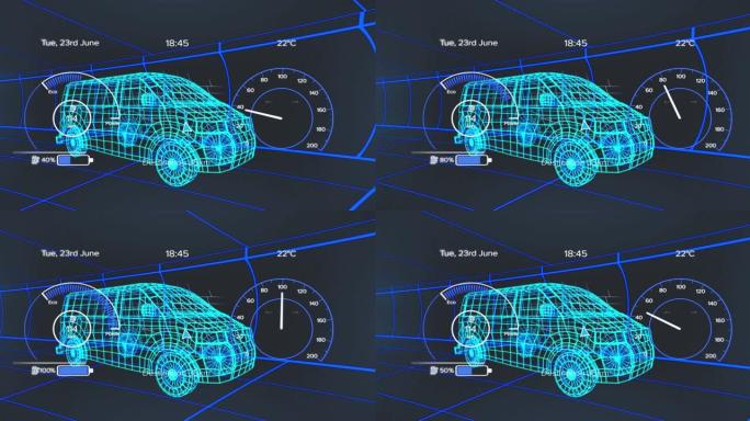 3d货车模型上的车辆接口上的速度计，gps和充电状态数据的动画