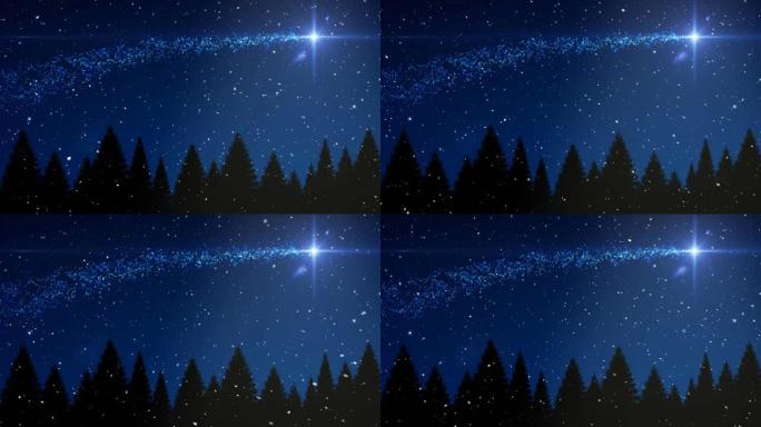 蓝色背景上的雪落在流星和圣诞树上的动画