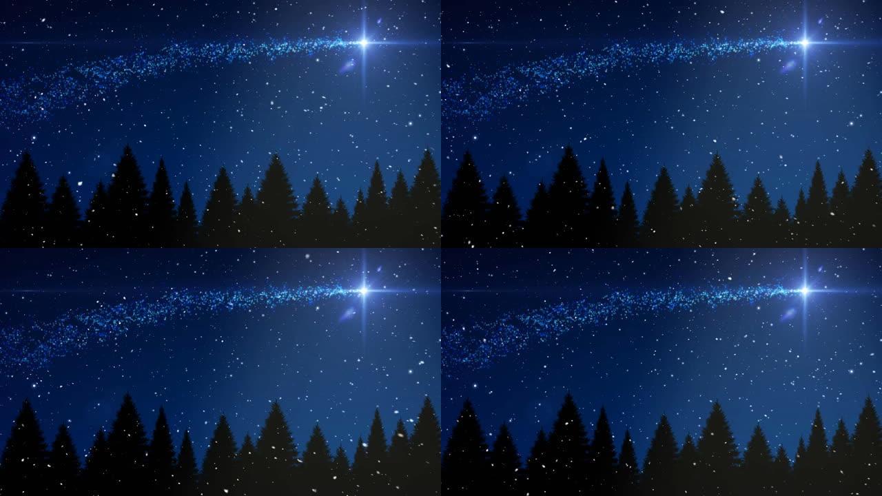 蓝色背景上的雪落在流星和圣诞树上的动画