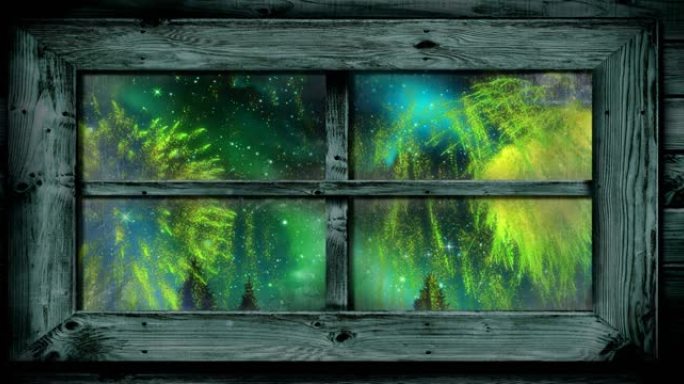 带有绿色圣诞节和新年烟花的窗户动画在星空中爆炸