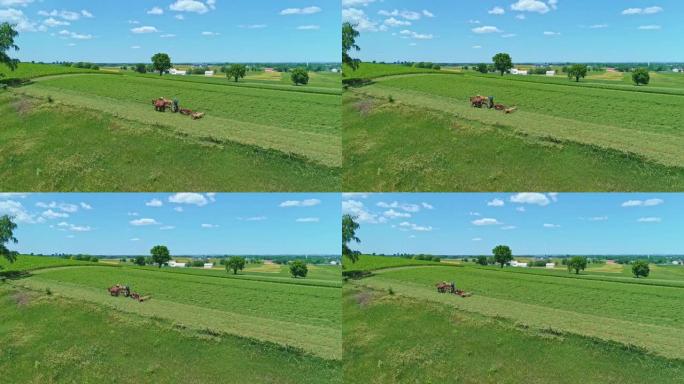 在阳光明媚的夏日里，一个阿米什人农民用三匹马在收割庄稼的鸟瞰图