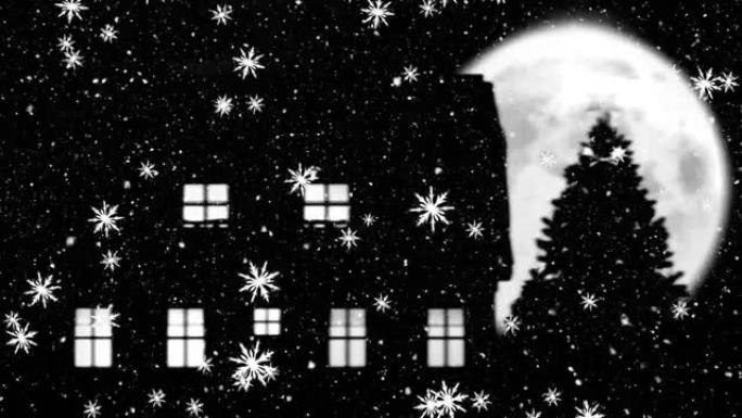 在满月的夜晚，雪花落在点燃的窗户和圣诞树上的动画