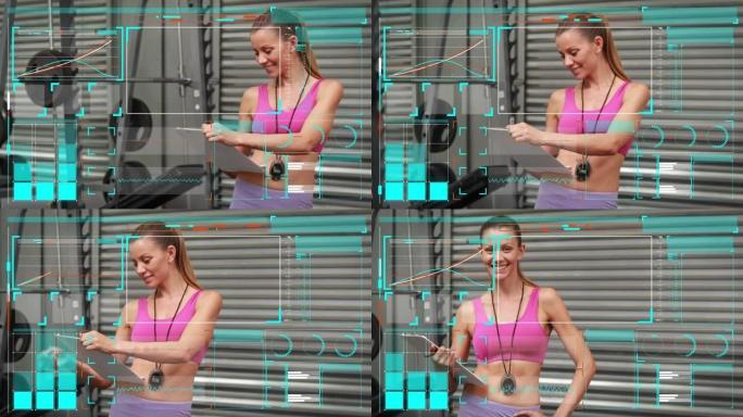 高加索女性健身教练屏幕上的数据处理动画