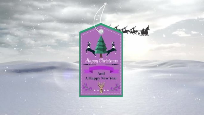 圣诞老人在雪橇上的圣诞老人在冬季景观上的礼物标签动画