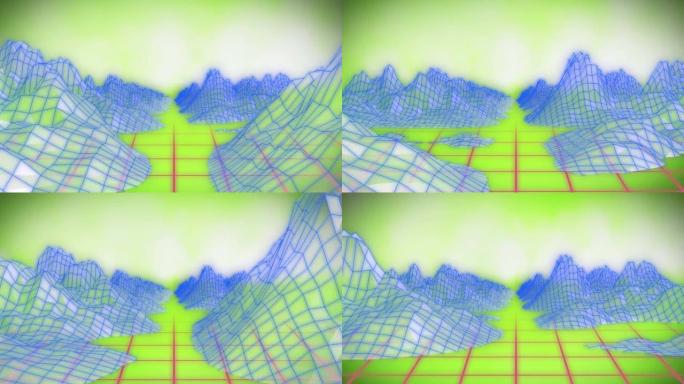 绿色背景下网格网络上3d山地结构的数字动画
