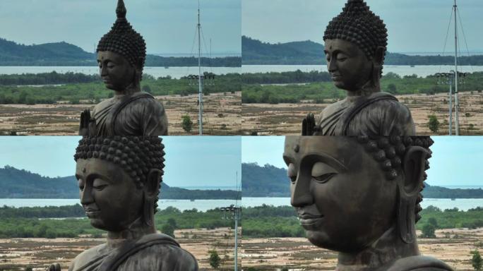 泰国宋卡府Phutthamonthon区Bhudda雕像的空中无人机日落风景