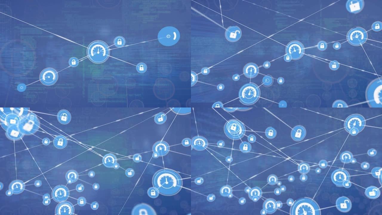 数字图标连接网络动画和蓝色背景上的数据处理