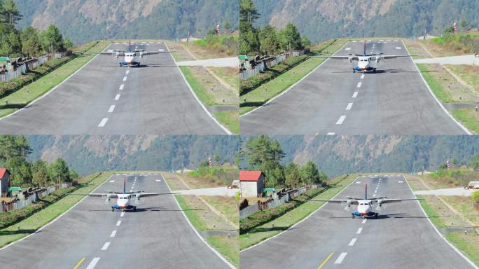 飞机降落到机场后，在山间小镇的跑道上滑行