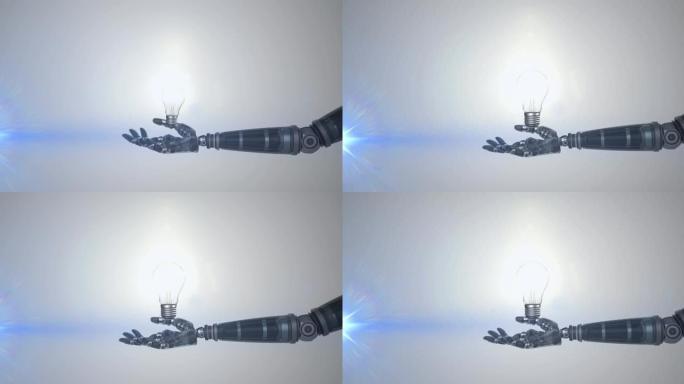 机器人手臂上的照明灯泡动画，灰色背景上有蓝光