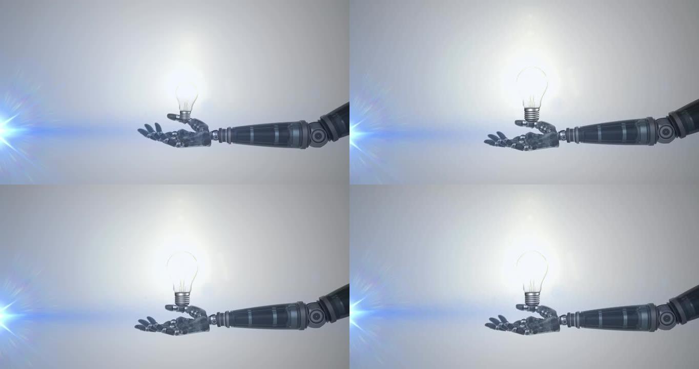 机器人手臂上的照明灯泡动画，灰色背景上有蓝光