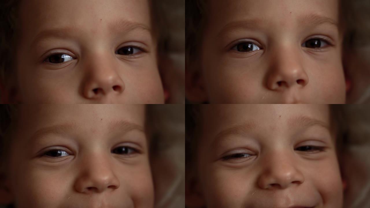 漂亮的孩子看着相机。可爱的小男孩脸的肖像。特写男孩的棕色眼睛。孩子们的情绪。孩子专注的样子。高加索男