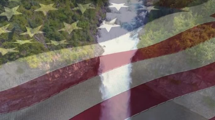 动画的美国国旗上空俯瞰森林和瀑布