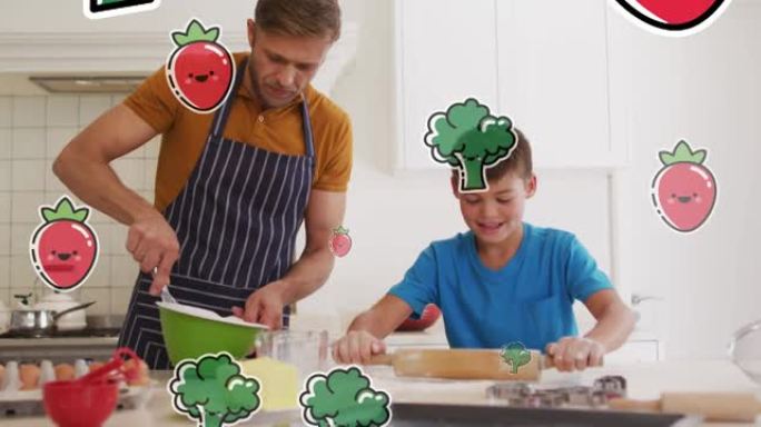 快乐的高加索父子在家做饭的微笑蔬菜动画