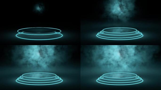 带有霓虹灯粒子爆炸的讲台圆柱体的动画。雾中的基座