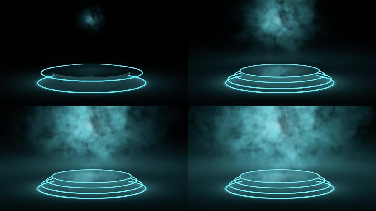 带有霓虹灯粒子爆炸的讲台圆柱体的动画。雾中的基座