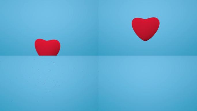 心形3d动画。蓝色背景的情人节旋转和爆炸红色的心。爱情，节日，礼物，浪漫概念。