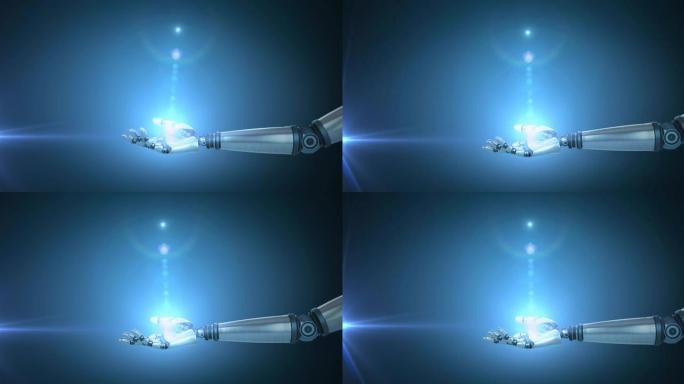 蓝色背景上扩展机器人手臂的蓝光耀斑动画