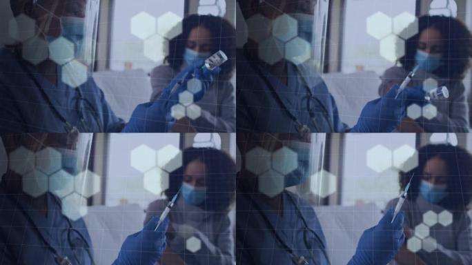 用口罩为女性患者接种疫苗的非裔美国医生的六角形动画