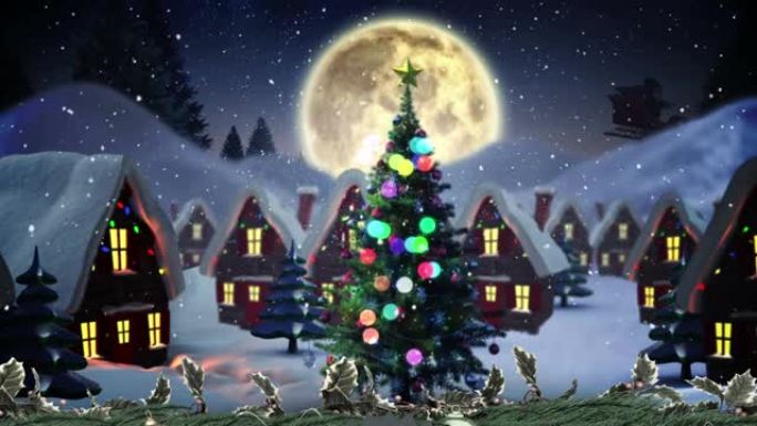 雪落在夜空中月亮的冬季景观上的多栋房屋和圣诞树上