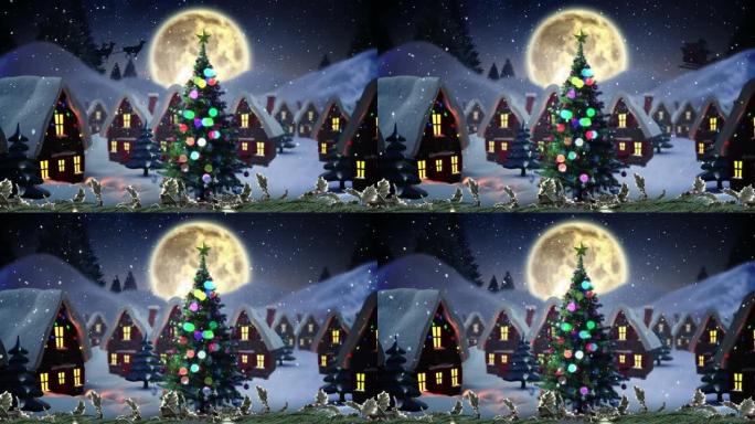 雪落在夜空中月亮的冬季景观上的多栋房屋和圣诞树上