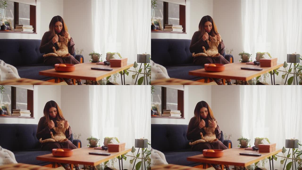 孕妇在家里的客厅里和她的姜猫在一起
