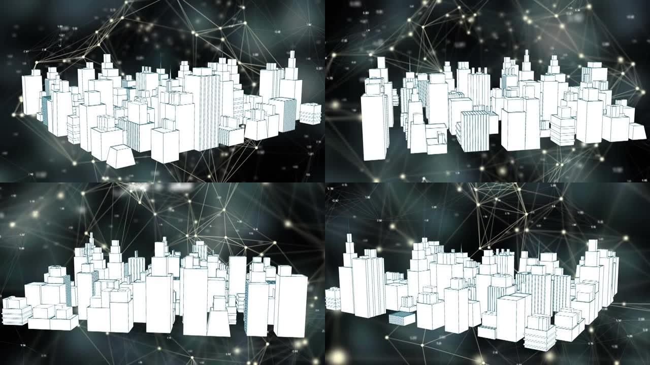 3d城市景观绘图上带有发光点的连接网络动画
