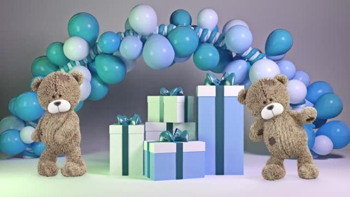 泰迪熊在蓝色礼物和气球附近跳舞
