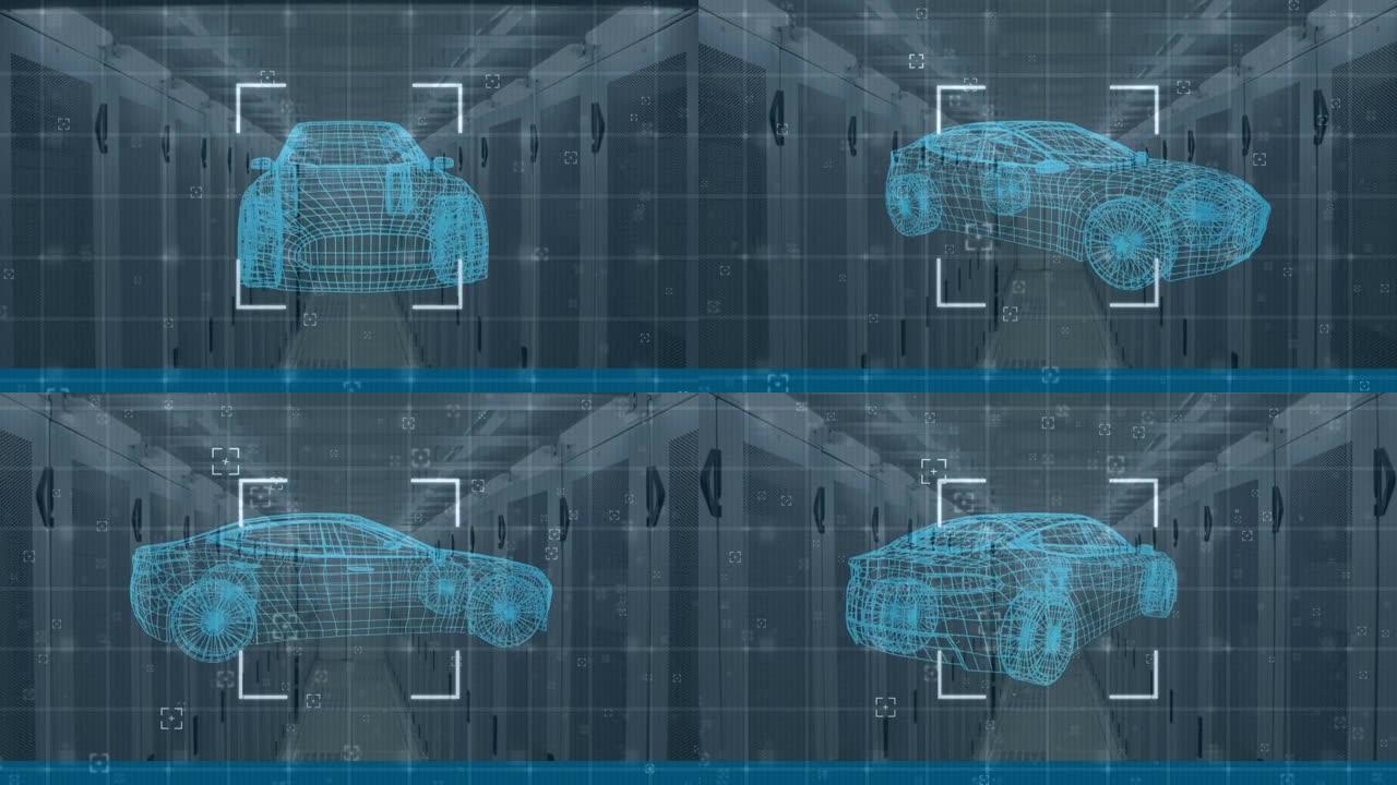 数字汽车图在服务器机房上的动画