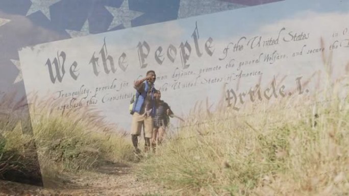 美国国旗在山上徒步旅行的多样化夫妇的动画