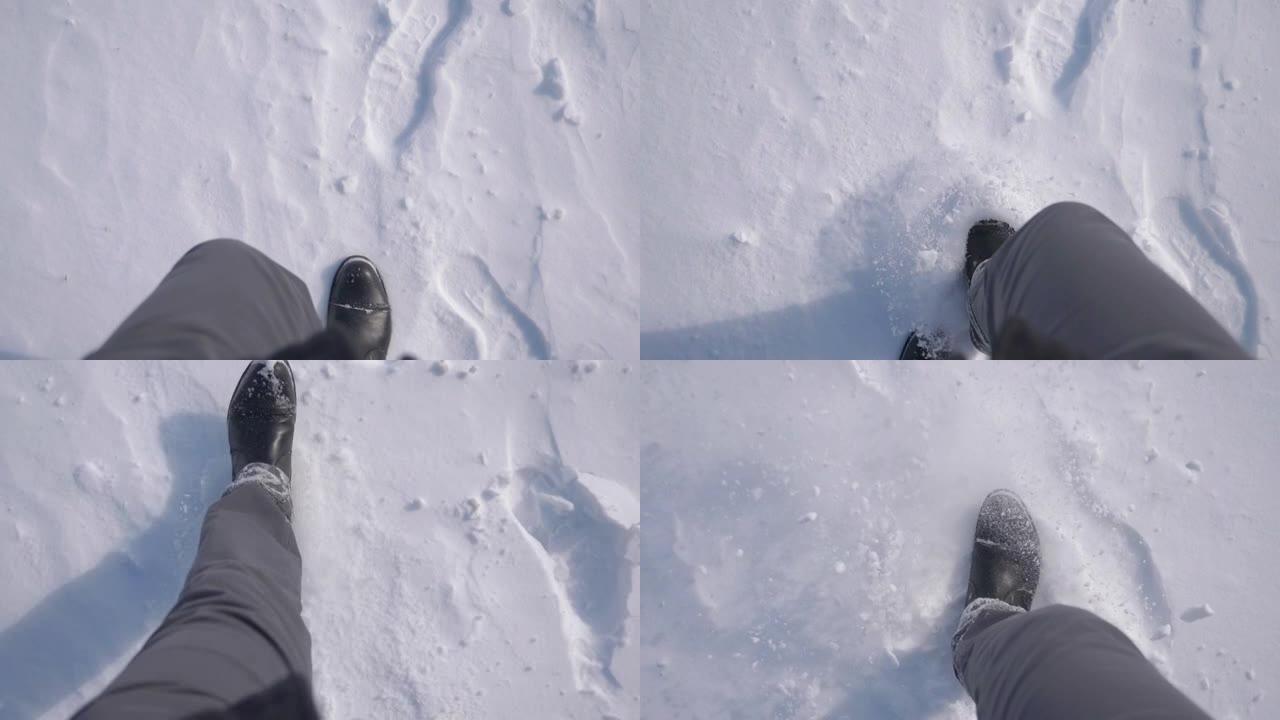 POV男子在雪地上行走慢动作180fps