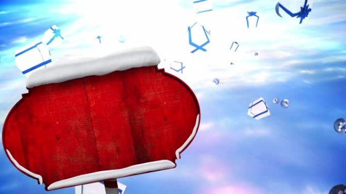红色木制标志柱在蓝色的天空中漂浮在云层上的多个圣诞礼物图标