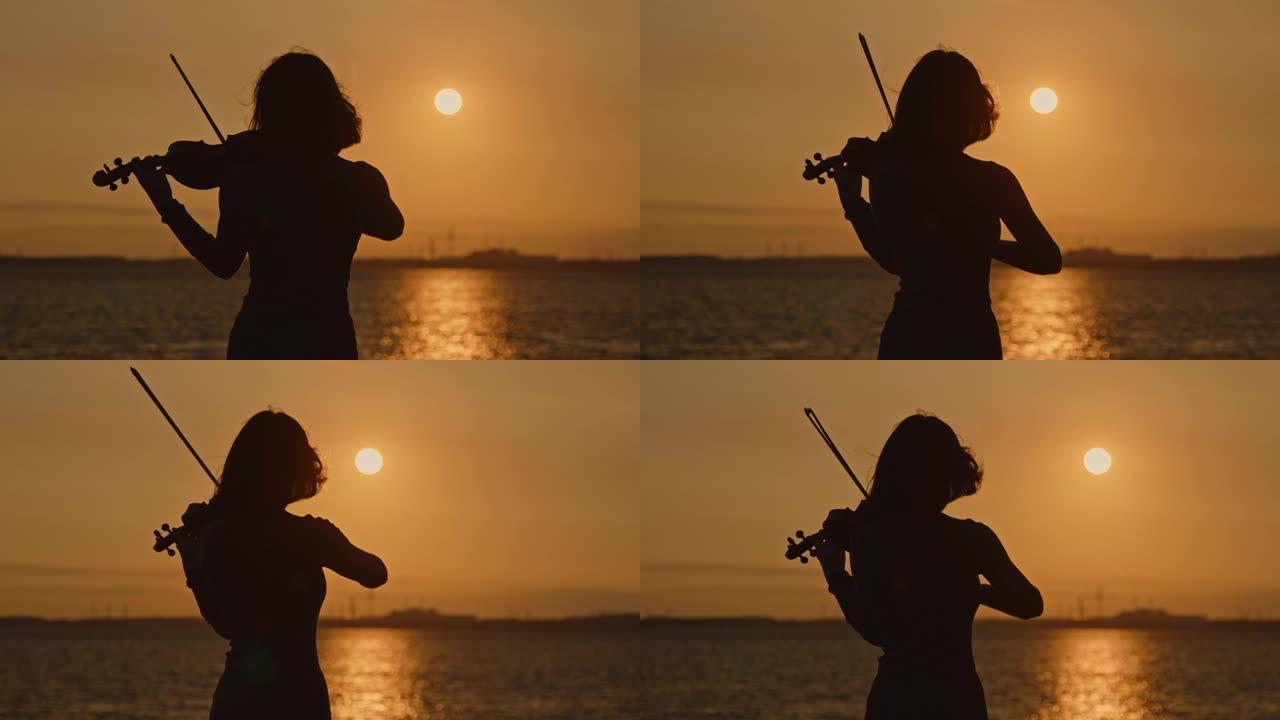 日出时小提琴手的女性剪影