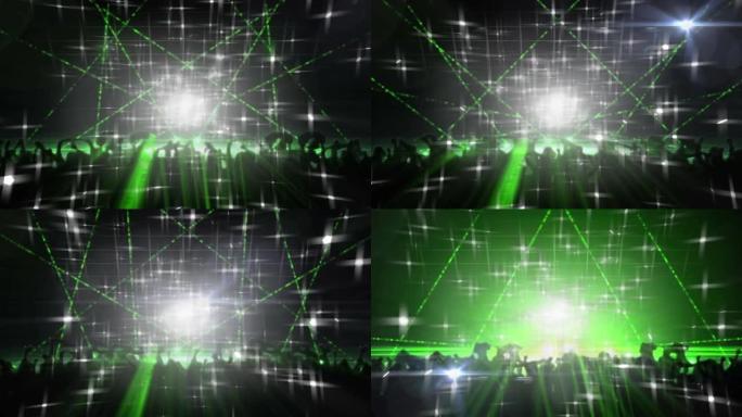 在黑色背景上跳舞的人群中，绿色激光和闪烁的白光的动画