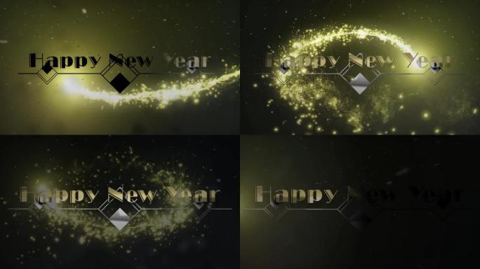 金色的新年快乐动画，夜空中的火箭烟花