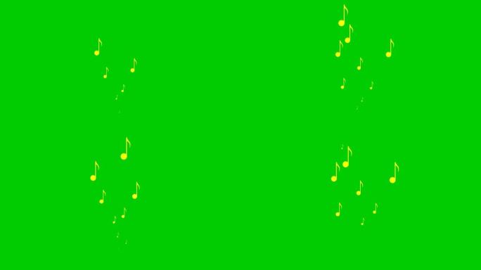 动画黄色音符从下到上飞来飞去。一波飞扬的音符。音乐、歌曲、旋律的概念。矢量插图孤立在绿色背景上。